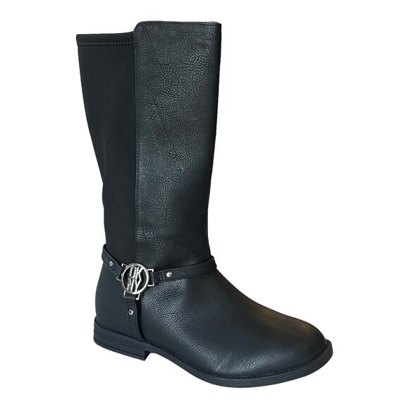DKNY Emma Harness BOOTS Girls 5, Women's 6.5 Black Silver Riding Biker Boot NWOT - Picture 1 of 8